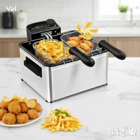 Фритюрник Cheffinger CF-EDP5.0 – 5L, 2000W, неръждаема стомана, 3 кошници, регулируема температура, снимка 2 - Фритюрници - 54671348