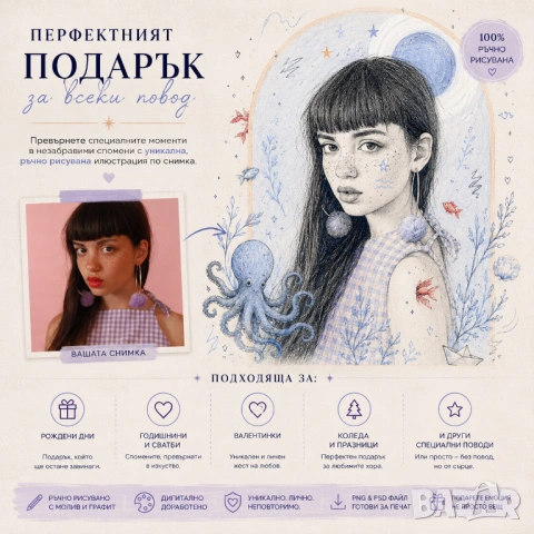 Артистична дигитална илюстрация по снимка | Ръчно рисуван портрет, снимка 4 - Други - 54460405