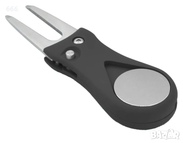 Инструмент за ремонт на голф ями с изскачащ бутон и магнитен маркер за топката