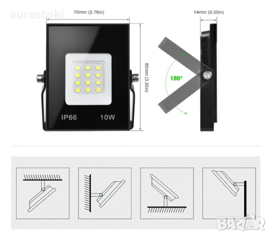 Мини външен LED прожектор ELEING, 10W,  800LM,  3000K (топло бяло), IP66, снимка 7 - Прожектори - 54491350
