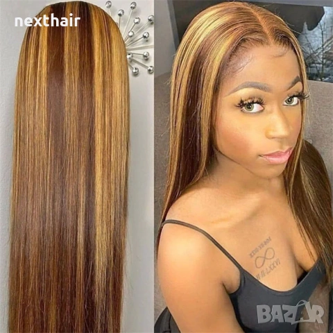Естествена перука от бразилска коса 70-75 см - Lace Front 13x6, кафява с руси кичури, 200% плътност, снимка 5 - Аксесоари за коса - 54408154