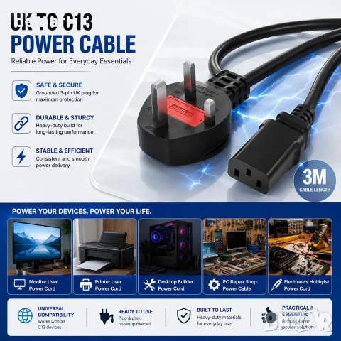 3-пинов резервен захранващ кабел 3 метра, IEC C13 към NEMA 5-15P, 3 броя, снимка 6 - Кабели и адаптери - 55571515