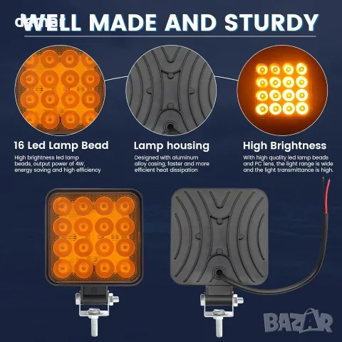 4 броя LED прожектори 4x4, Ултра ярки квадратни фарове 8,5 см, 12V, снимка 3 - Части - 55554951