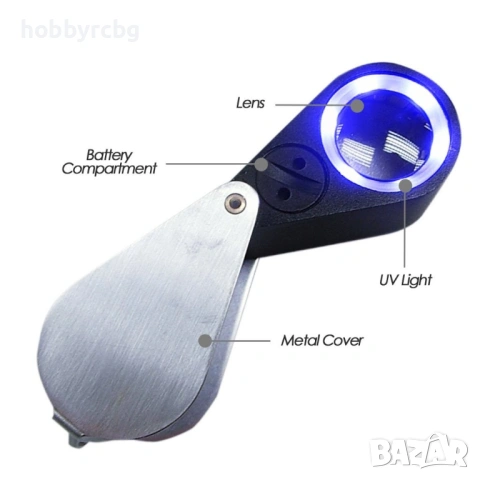Мини увеличителна бижутерска лупа с 10 кратно оптично увеличение с LED и UV светлина, снимка 5 - Други инструменти - 21705984