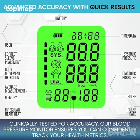 Нов автоматичен апарат за кръвно налягане ByFloProducts с цветен дисплей и маншет 22-42см  , снимка 6 - Други - 54096310