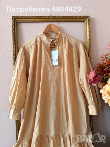 ZARA Стилна бежова памучна рокля , снимка 9 - Рокли - 54740583