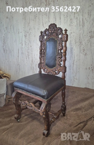 стол с богата дърворезба тапициран с естествина кожа.Реставриран, снимка 3 - Столове - 53963063