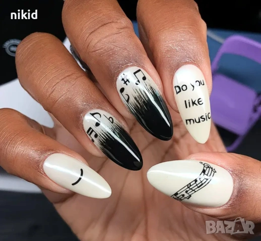12 бр музикални ноти музика самозалепващи лепенки ваденки за нокти маникюр декорация слайдери, снимка 5 - Продукти за маникюр - 54034303