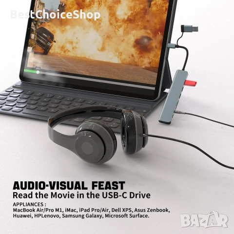 USB-C 8-в-1 хъб: 4 USB-A, четец за SD/TF карти, жак за слушалки, многопортов адаптер, снимка 8 - Кабели и адаптери - 55133667