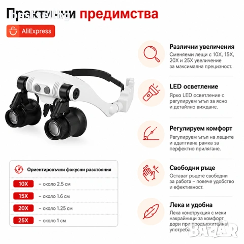 Златарска професионална увеличителна лупа очила лед осветление бижута, снимка 5 - Други инструменти - 29106251