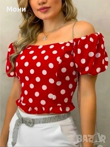 Дамски червен топ с бели точки С/М Л/ХЛ 2ХЛ/3ХЛ Цена:15€
