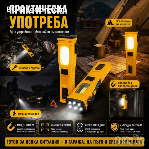 Мощен акумулаторен LED фенер къмпинг лампа осветление за риболов туризъм палатка аварии автомобил, снимка 4 - Къмпинг осветление - 51178709