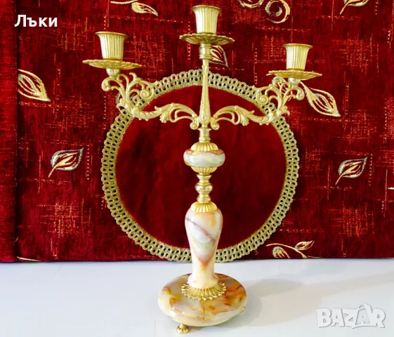 Свещник тройка,бронз,оникс,позлата,стил Луи XV. 