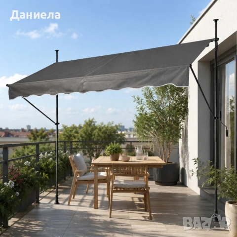 Сенник за балкон и тераса 250x120 см с манивела, регулируема височина 200–300 см, UV защита, сив