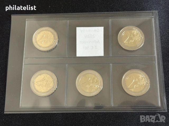 Германия 2026 – 2 евро – комплектен сет Конрад Аденауер (ADFGJ), снимка 2 - Нумизматика и бонистика - 54220156