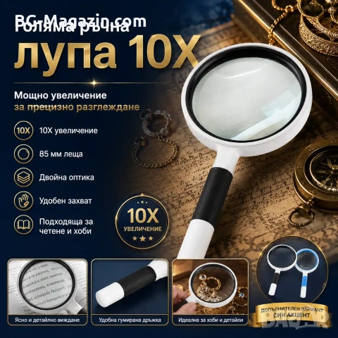 Мощна голяма увеличителна ръчна лупа 10X увеличение за четене на книги стуклена с дръжка джобна