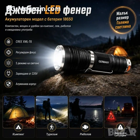 Джобен ръчен акумулаторен LED фенер зареждаща се батерия 18650 за къмпинг лов риболов палатка мощен