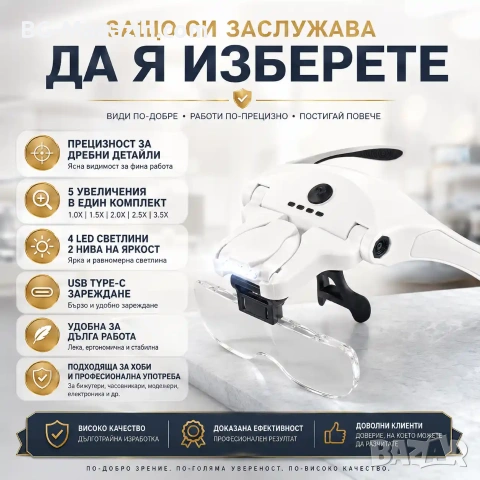 Акумулаторна лупа за глава с различни увеличения и LED осветление за четене шиене бродиране гоблени, снимка 5 - Други инструменти - 54027220