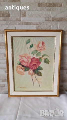 Картина "Flowers" - масло върху платно - 49/38см, снимка 5 - Антикварни и старинни предмети - 53958022