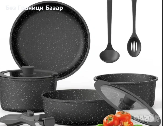 Нов Кухненски комплект съдове за готвене с тиган тенджери и прибори