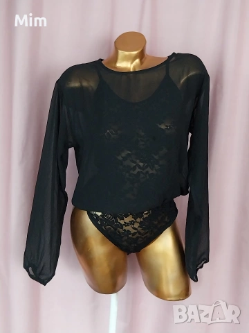 М Черно дантелено боди с дълъг ръкав от прозрачна материя , снимка 4 - Бельо - 54211020