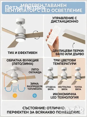 Безшумен таванен вентилатор с 45W DC мотор, ø122 см, обръщаеми лопатки, 6 скорости