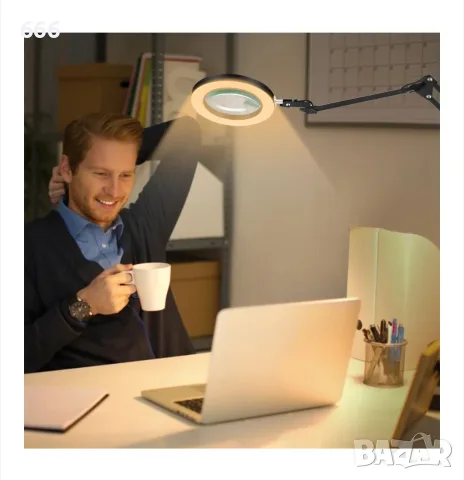 Настолна лупа с LED осветление, 5x увеличение, 10 нива на яркост, черна, комплект фиксирани щипки, снимка 6 - Друга електроника - 55553687