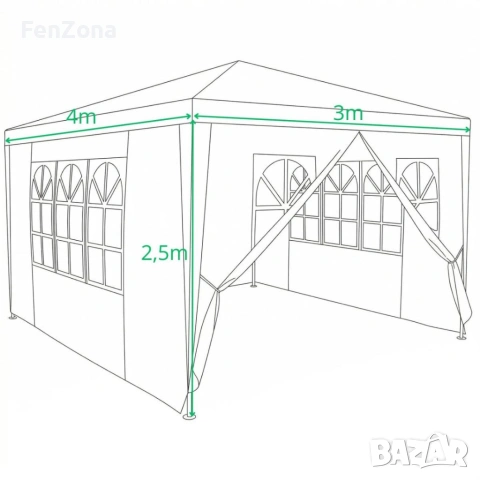 Градинска шатра павилион 3x4x2.5 м бяла – Парти шатра със стени, 4 прозореца и вход с цип, снимка 2 - Градински мебели, декорация  - 55067454