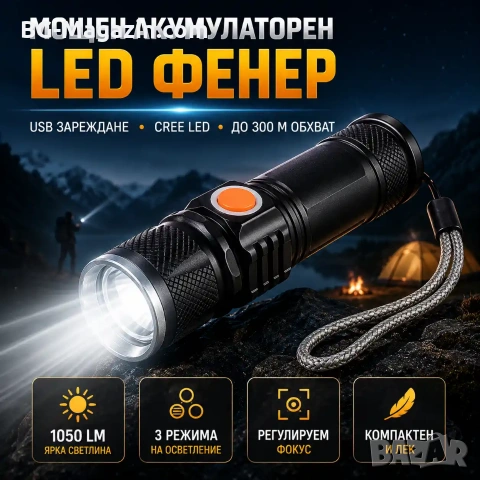 Мощен ръчен акумулаторен лед фенер USB зареждане CREE LED за къмпинг риболов лов туризъм палатка