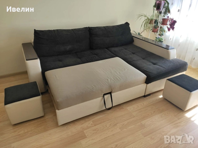 Разтегателен диван с 2 табуретки, снимка 4 - Дивани и мека мебел - 55229384
