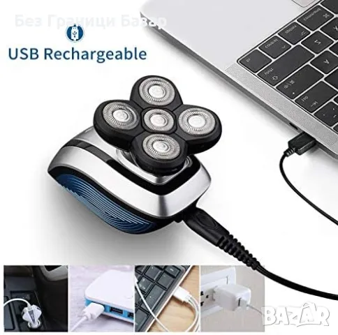 Нова Безжична самобръсначка за глава, 5 глави, USB, 45 минути работа за мъже, снимка 4 - Електрически самобръсначки - 55647090