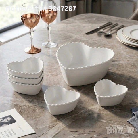 Луксозен комплект порцеланови купи със заоблен релеф - 7 части