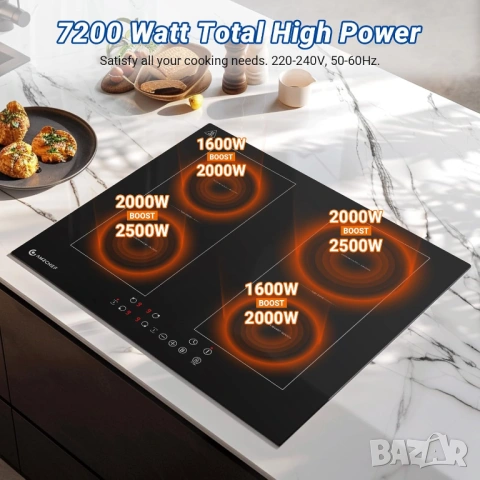 Индукционен плот AMZCHEF 60 см 4 зони 7200W с две Flex зони - НОВ, снимка 5 - Котлони - 54949024