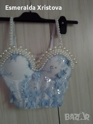 Бюстие в син цвят с перли, снимка 3 - Корсети, бюстиета, топове - 54195284