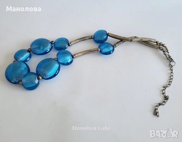 Винтидж колие от муранско (венецианско) стъкло в лазурно/светлосин цвят., снимка 5 - Колиета, медальони, синджири - 55238505
