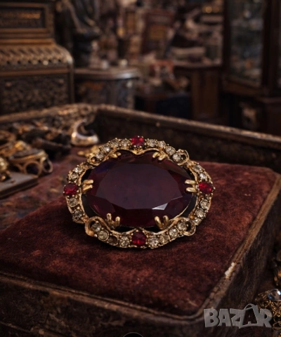 Винтидж брошка с червен камък