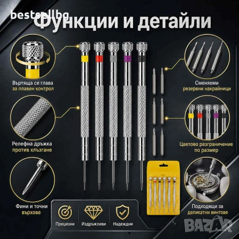 Професионални фини часовникарски отвертки с резервни върхове за ремонт смяна батерия часовникари, снимка 4 - Отвертки - 53090723