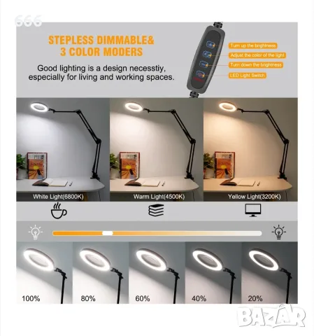 Настолна лупа с LED осветление, 5x увеличение, 10 нива на яркост, черна, комплект фиксирани щипки, снимка 10 - Друга електроника - 55553687