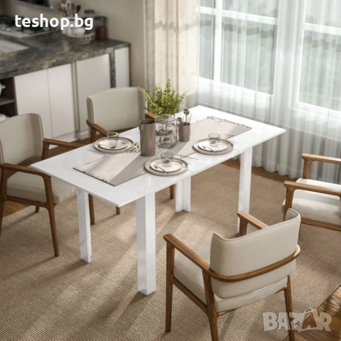 Tрапезна маса HOMCOM, 120-160 x 70 см, разтегателна, за 4-6 души, MDF, бяло с висок гланц