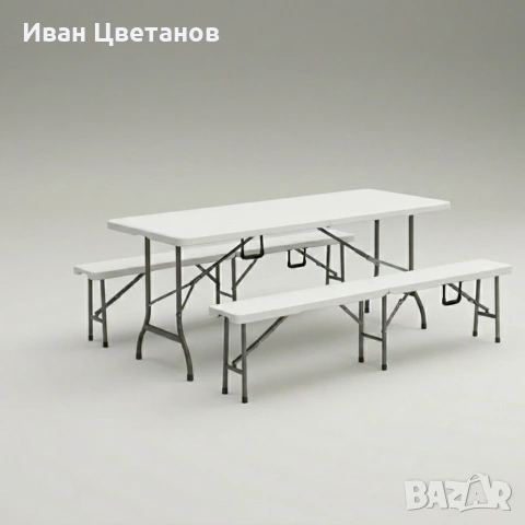Сгъваем кетъринг комплект 180 см – Маса + 2 пейки от масивна пластмаса със стоманена рамка