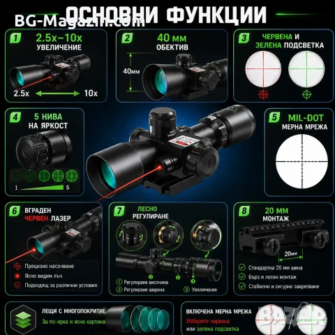 Оптически тактически прицел 2.5x-10x бързомер мерник за пушка оръжие лов еърсофт с лазер бързомерец, снимка 2 - Оборудване и аксесоари за оръжия - 51051362