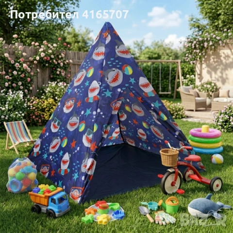Детска типи палатка XXL с акули – сгъваема къщичка за игра за дома и градината