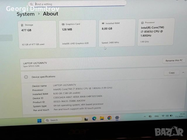 Acer Spin 5 i7/8RAM/512SSD/Full HD Touchscreen, снимка 5 - Лаптопи за дома - 54981717