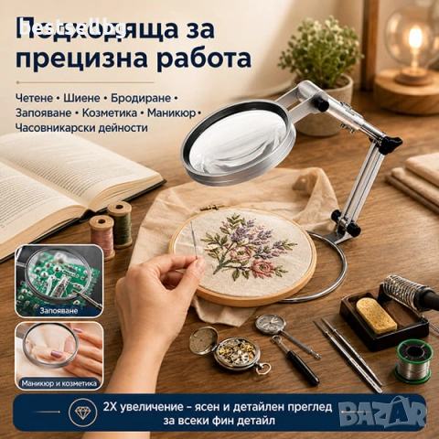 Настолна лупа с осветление LED увеличение 2Х четене шиене бродиране часовникарска златарска гоблени, снимка 3 - Други инструменти - 9636328