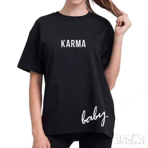 Karma Oversize/ Карма, дамска тениска, памучна фланелка, щампа, черно, бяло