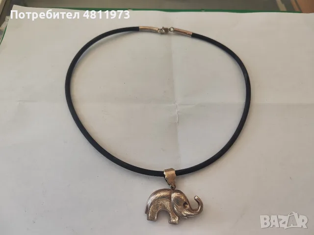 Сребърен медальон 925 слон с кожена верижка