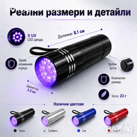 Малък UV фенер LED на батерии ув фенерче лампа за камък смола кръв урина фалшиви пари печати мощен, снимка 5 - Къмпинг осветление - 51027915