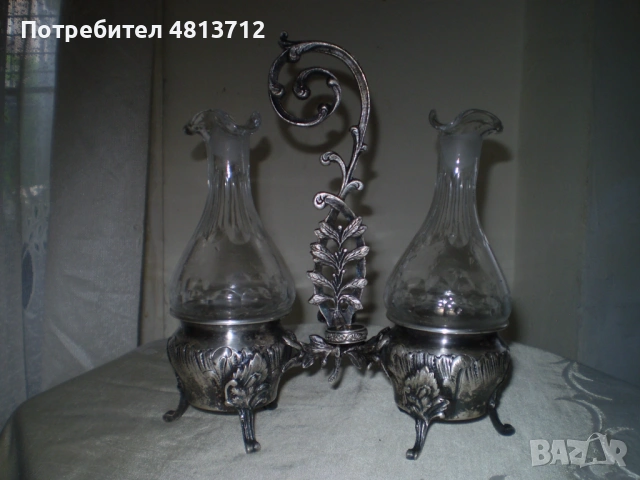 1900 г Масло оцет 2 кристални бутилки посребрена стойка, снимка 4 - Антикварни и старинни предмети - 54930185