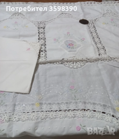 Нова памучна покривка с ръчна бродерия и плетени елементи 260×170 см., 12 салфетки , снимка 5 - Покривки за маси - 54995476