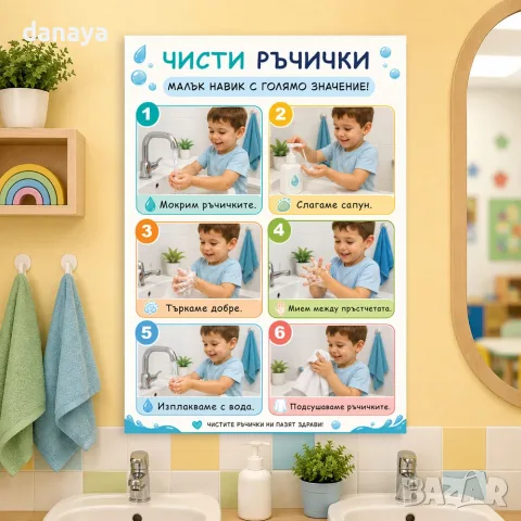 7030 Табло за детска градина Чисти ръчички – А4, ламинирано, снимка 2 - Ученически пособия, канцеларски материали - 55652509